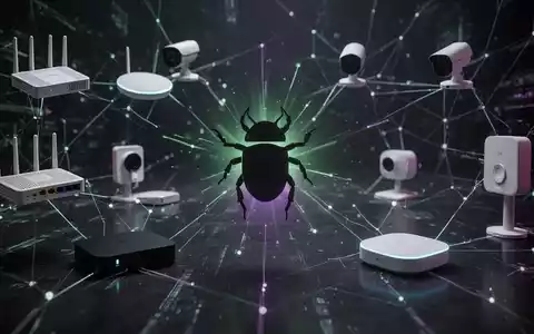 Abstraktes, dunkles digitales Netzwerk mit leuchtenden Linien, die IoT-Geräte verbinden, symbolisiert einen Botnet-Angriff. - Foto: über boerse-global.de