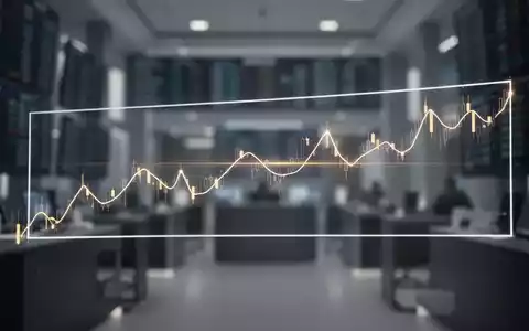 Abstrakte Darstellung eines Finanzdiagramms, das sich seitwĂ€rts in einem stabilen Kanal bewegt, vor einem unscharfen Handelsraumbild. - Foto: ĂŒber boerse-global.de
