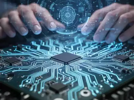 Nahaufnahme einer Hightech-Leiterplatte mit feinen Leiterbahnen und Bauteilen, die in futuristischem Blau leuchtet. - Foto: über boerse-global.de