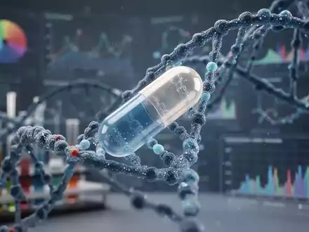 Eine Nahaufnahme einer DNA-Helix, die sich mit einer stilisierten Nährstoffkapsel verflechtet, vor einem verschwommenen Laborhintergrund. - Foto: über boerse-global.de