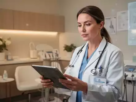 Eine Ärztin in einer modernen gynäkologischen Praxis, die ein Tablet betrachtet, symbolisiert integrative Medizin und technologischen Fortschritt. - Foto: über boerse-global.de