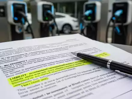 Ein Stift liegt auf einem Gesetzestext mit einem hervorgehobenen Abschnitt zum Haftungsrisiko, im Hintergrund unscharfe Ladestationen für Elektrofahrzeuge. - Foto: über boerse-global.de
