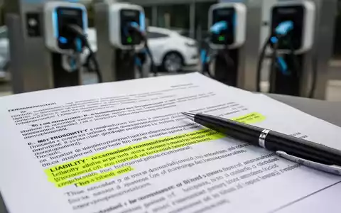 Ein Stift liegt auf einem Gesetzestext mit einem hervorgehobenen Abschnitt zum Haftungsrisiko, im Hintergrund unscharfe Ladestationen für Elektrofahrzeuge. - Foto: über boerse-global.de
