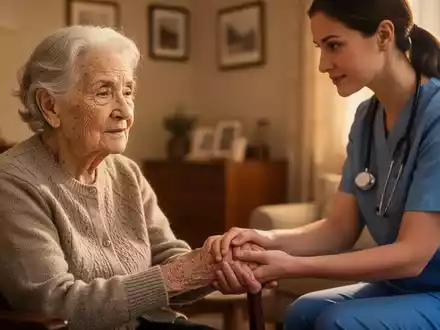 Eine ältere Frau mit Alzheimer-Krankheit, deren Hand von einem jüngeren Betreuer in einer häuslichen Umgebung gehalten wird. - Foto: über boerse-global.de