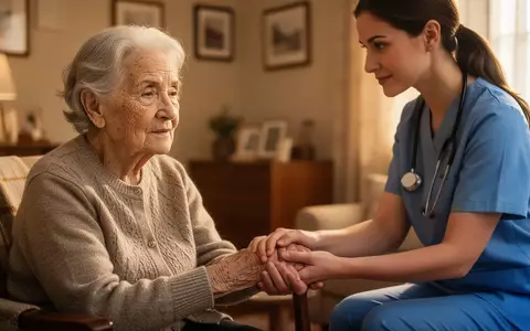 Eine ältere Frau mit Alzheimer-Krankheit, deren Hand von einem jüngeren Betreuer in einer häuslichen Umgebung gehalten wird. - Foto: über boerse-global.de
