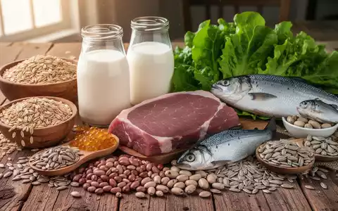 Eine Nahaufnahme einer Auswahl gesunder Lebensmittel, die reich an B-Vitaminen sind, darunter Vollkornprodukte, Fleisch, Fisch und Gemüse. - Foto: über boerse-global.de