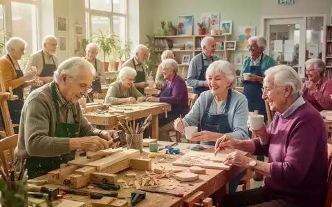 Ältere Menschen nehmen an verschiedenen Aktivitäten in einem Gemeinschaftszentrum teil, darunter Handwerk und Gespräche, in einer hellen, freundlichen Umgebung. - Foto: über boerse-global.de