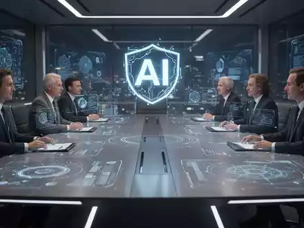 Holografische Projektionen von Daten und Personen über einem Konferenztisch mit leuchtendem KI-Symbol, das KI-Meeting-Funktionen repräsentiert. - Foto: über boerse-global.de