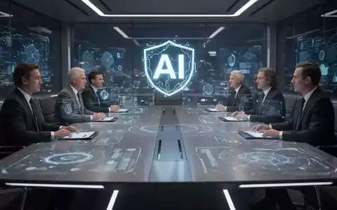 Holografische Projektionen von Daten und Personen über einem Konferenztisch mit leuchtendem KI-Symbol, das KI-Meeting-Funktionen repräsentiert. - Foto: über boerse-global.de