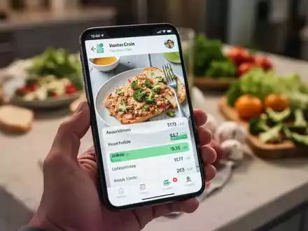 Nahaufnahme eines Smartphones, das Nährwertdaten über ein auf dem Bildschirm angezeigtes Lebensmittel anzeigt. Eine Hand hält das Telefon. - Foto: über boerse-global.de