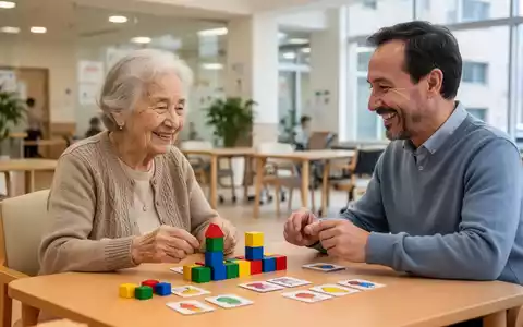 Eine Ă€ltere Frau und ein Mann lĂ€cheln bei einer GedĂ€chtnisĂŒbung mit bunten Blöcken und Karten in einem hellen Gemeindezentrum. - Foto: ĂŒber boerse-global.de