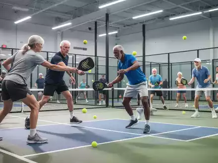 Eine diverse Gruppe von Menschen unterschiedlichen Alters spielt Pickleball auf einem modernen Indoor-Platz, Schläger und Ball im Fokus. - Foto: über boerse-global.de