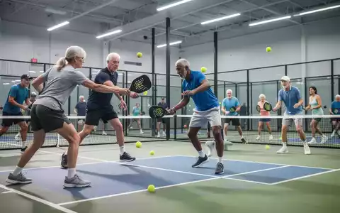 Eine diverse Gruppe von Menschen unterschiedlichen Alters spielt Pickleball auf einem modernen Indoor-Platz, Schläger und Ball im Fokus. - Foto: über boerse-global.de