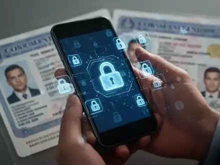 Handy mit digitalen Schlosssymbolen in der Hand, symbolisiert Handy-Sperrverordnungen und Identitätsprüfung. - Foto: über boerse-global.de