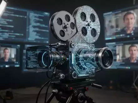 Futuristische Filmkamera mit integrierten, leuchtenden KI-Schaltkreisen am Filmset, die die Rolle der KI in der Filmbranche symbolisiert. - Foto: über boerse-global.de