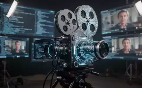 Futuristische Filmkamera mit integrierten, leuchtenden KI-Schaltkreisen am Filmset, die die Rolle der KI in der Filmbranche symbolisiert. - Foto: über boerse-global.de