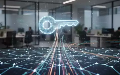 Ein leuchtendes digitales Passkey-Symbol schwebt über einem sicheren Netzwerkgitter und symbolisiert moderne Authentifizierung und Datensicherheit. - Foto: über boerse-global.de