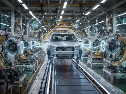 Digitale Netzwerkverbindungen über einer modernen asiatischen Automobilmontagelinie, die den Datenaustausch für CO2-Fußabdrücke symbolisieren. - Foto: über boerse-global.de