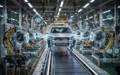 Digitale Netzwerkverbindungen über einer modernen asiatischen Automobilmontagelinie, die den Datenaustausch für CO2-Fußabdrücke symbolisieren. - Foto: über boerse-global.de