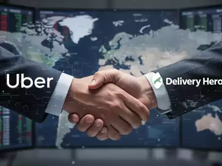 Zwei Hände im Handschlag, symbolisch für eine Unternehmensübernahme, mit dezenten digitalen Markenlogos von Uber und Delivery Hero. - Foto: über boerse-global.de