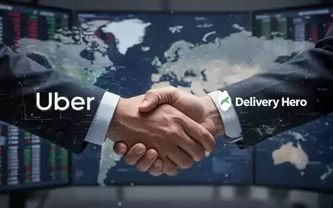 Zwei Hände im Handschlag, symbolisch für eine Unternehmensübernahme, mit dezenten digitalen Markenlogos von Uber und Delivery Hero. - Foto: über boerse-global.de