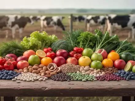 Eine vielfältige Anordnung von frischem Obst, Gemüse, Nüssen und Hülsenfrüchten auf einem Holztisch, im Hintergrund verschwommen landwirtschaftliche Flächen. - Foto: über boerse-global.de