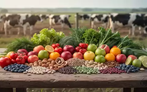 Eine vielfĂ€ltige Anordnung von frischem Obst, GemĂŒse, NĂŒssen und HĂŒlsenfrĂŒchten auf einem Holztisch, im Hintergrund verschwommen landwirtschaftliche FlĂ€chen. - Foto: ĂŒber boerse-global.de