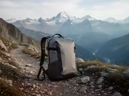 Ein minimalistischer Rucksack auf einem alpinen Wanderweg mit Bergpanorama im Hintergrund, der effiziente Outdoor-Ausrüstung darstellt. - Foto: über boerse-global.de