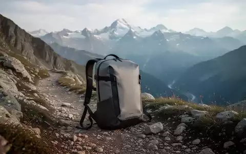 Ein minimalistischer Rucksack auf einem alpinen Wanderweg mit Bergpanorama im Hintergrund, der effiziente Outdoor-Ausrüstung darstellt. - Foto: über boerse-global.de