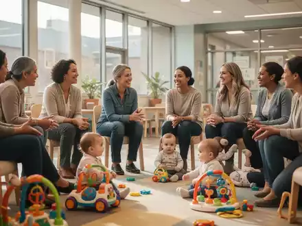 Eine Gruppe von Eltern und Betreuern sitzt in einem hellen Raum und unterhält sich, mit Babys und Kleinkindern in ihrer Nähe. - Foto: über boerse-global.de