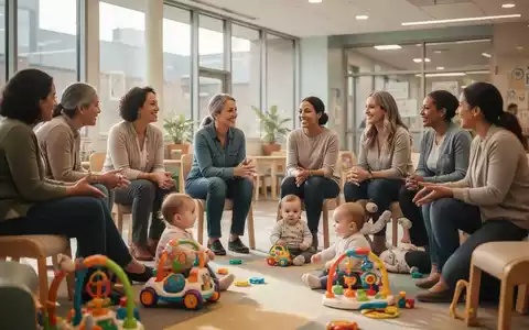 Eine Gruppe von Eltern und Betreuern sitzt in einem hellen Raum und unterhält sich, mit Babys und Kleinkindern in ihrer Nähe. - Foto: über boerse-global.de