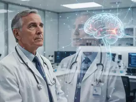 Ein nachdenklicher Neurologe, der mit digitalen Überlagerungen von neuronalen Netzen und Gehirnaktivität in die Ferne blickt. - Foto: über boerse-global.de