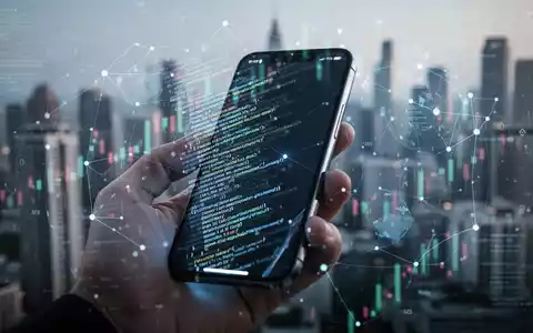 Eine Hand hält ein modernes Smartphone mit leuchtendem Bildschirm, der abstrakten Code zeigt, vor einer verschwommenen Stadtsilhouette mit digitalen Überlagerungen. - Foto: über boerse-global.de