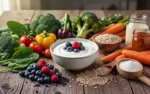 Eine Stillleben-Anordnung gesunder Lebensmittel, darunter Joghurt, Gemüse und Vollkornprodukte, auf einem Holztisch. - Foto: über boerse-global.de