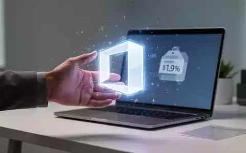 Eine Hand hält ein leuchtendes Microsoft-Office-Logo, im Hintergrund ein Laptop und ein dezentes Preisschild, das Software-Angebote symbolisiert. - Foto: über boerse-global.de