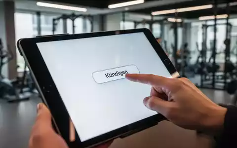 Ein Finger drückt auf einem Tablet einen digitalen Kündigen-Button, im Hintergrund ein unscharfes Fitnessstudio. Fokus auf Transparenz und Nutzerführung. - Foto: über boerse-global.de