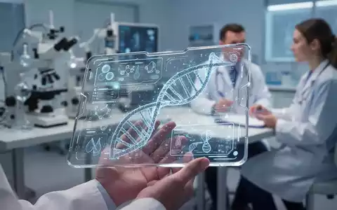 Eine Hand hält ein transparentes Tablet mit medizinischen Daten und einer DNA-Helix, im Hintergrund verschwommene Forschungsinstrumente. - Foto: über boerse-global.de