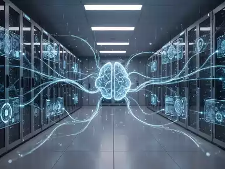 Futuristischer Serverraum mit leuchtend blauen Datenströmen, die künstliche Intelligenz und Echtzeit-Datenintegration darstellen. - Foto: über boerse-global.de