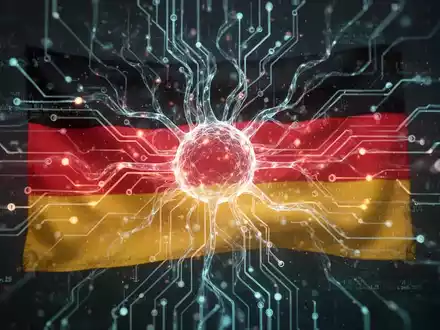 Leuchtendes neuronales Netzwerk mit deutscher Flagge, symbolisiert KI-Regulierung und nationale Strafverfolgung. - Foto: über boerse-global.de