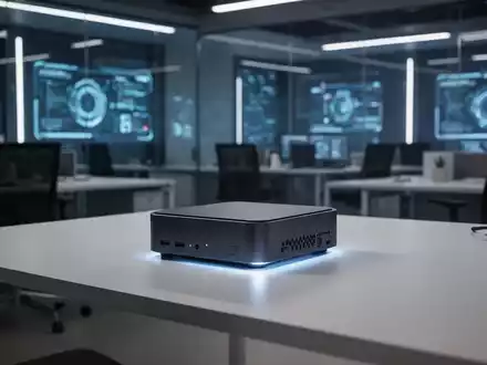 Ein schlanker, kompakter Mini-PC mit dezentem Leuchten auf einem minimalistischen Schreibtisch in einem Hightech-Büro. - Foto: über boerse-global.de