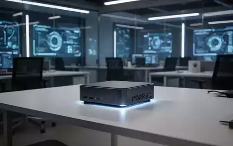 Ein schlanker, kompakter Mini-PC mit dezentem Leuchten auf einem minimalistischen Schreibtisch in einem Hightech-Büro. - Foto: über boerse-global.de
