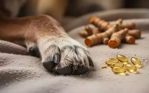 Nahaufnahme der Pfote eines älteren Hundes, die auf einer Decke ruht, mit unscharfen natürlichen Nahrungsergänzungsmitteln im Hintergrund. - Foto: über boerse-global.de
