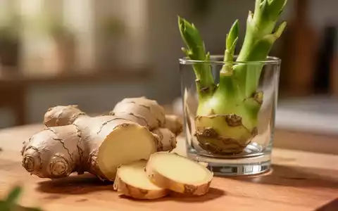 Nahaufnahme von frischem Ingwer, geschnitten, neben einem Ingwer-Shot in einem Glas. Fokus auf gesunde Ernährung. - Foto: über boerse-global.de