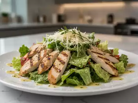 Ein appetitlich angerichteter Caesar Salad mit Hähnchen, frischem Salat und Dressing auf einem Teller, der eine gesunde Mahlzeit darstellt. - Foto: über boerse-global.de