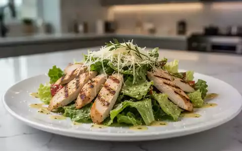 Ein appetitlich angerichteter Caesar Salad mit Hähnchen, frischem Salat und Dressing auf einem Teller, der eine gesunde Mahlzeit darstellt. - Foto: über boerse-global.de