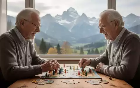 Älteres Paar in Österreich spielt ein Brettspiel, im Hintergrund sind die Alpen zu sehen. Fokus auf kognitive Gesundheit. - Foto: über boerse-global.de