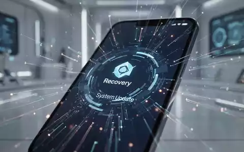Nahaufnahme eines Smartphone-Bildschirms mit digitaler Wiederherstellungsoberfläche, leuchtenden Linien und abstrakten Tech-Elementen. - Foto: über boerse-global.de