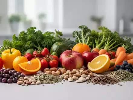 Eine bunte Auswahl an frischem Obst, GemĂŒse, NĂŒssen und Samen, die eine gesunde, pflanzenbasierte ErnĂ€hrung symbolisiert. - Foto: ĂŒber boerse-global.de