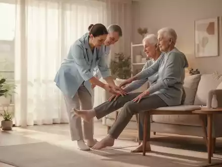 Ein Physiotherapeut hilft einem älteren Patienten bei Beinübungen zu Hause, Fokus auf Bewegung und Lebensqualität. - Foto: über boerse-global.de