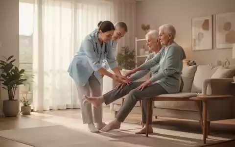 Ein Physiotherapeut hilft einem älteren Patienten bei Beinübungen zu Hause, Fokus auf Bewegung und Lebensqualität. - Foto: über boerse-global.de